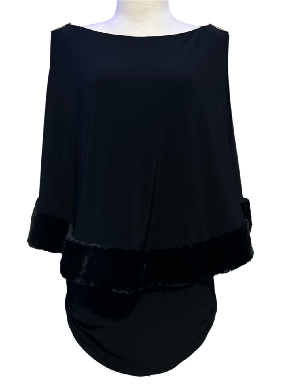 Joseph Ribkoff Black cold shoulder Faux-Fur Trim Pancho tunic dress Sz 16